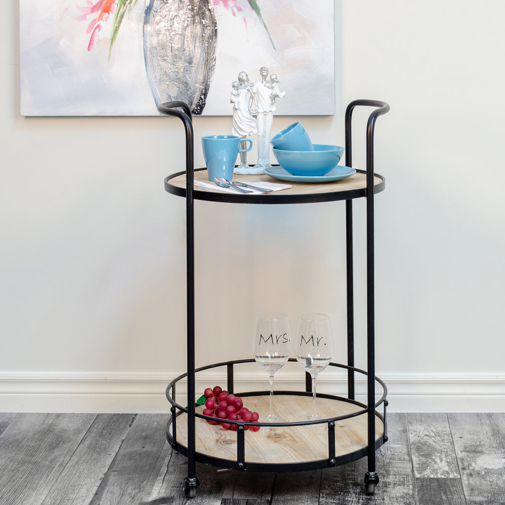 090109|Metal & Wood Round Serving Cart on Wheels 1/case Default Title