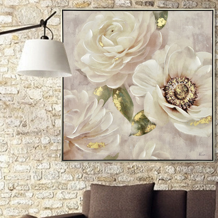 080407|White Peonies with Gold Accents, Oil Painting on Canvas 2/case Default Title